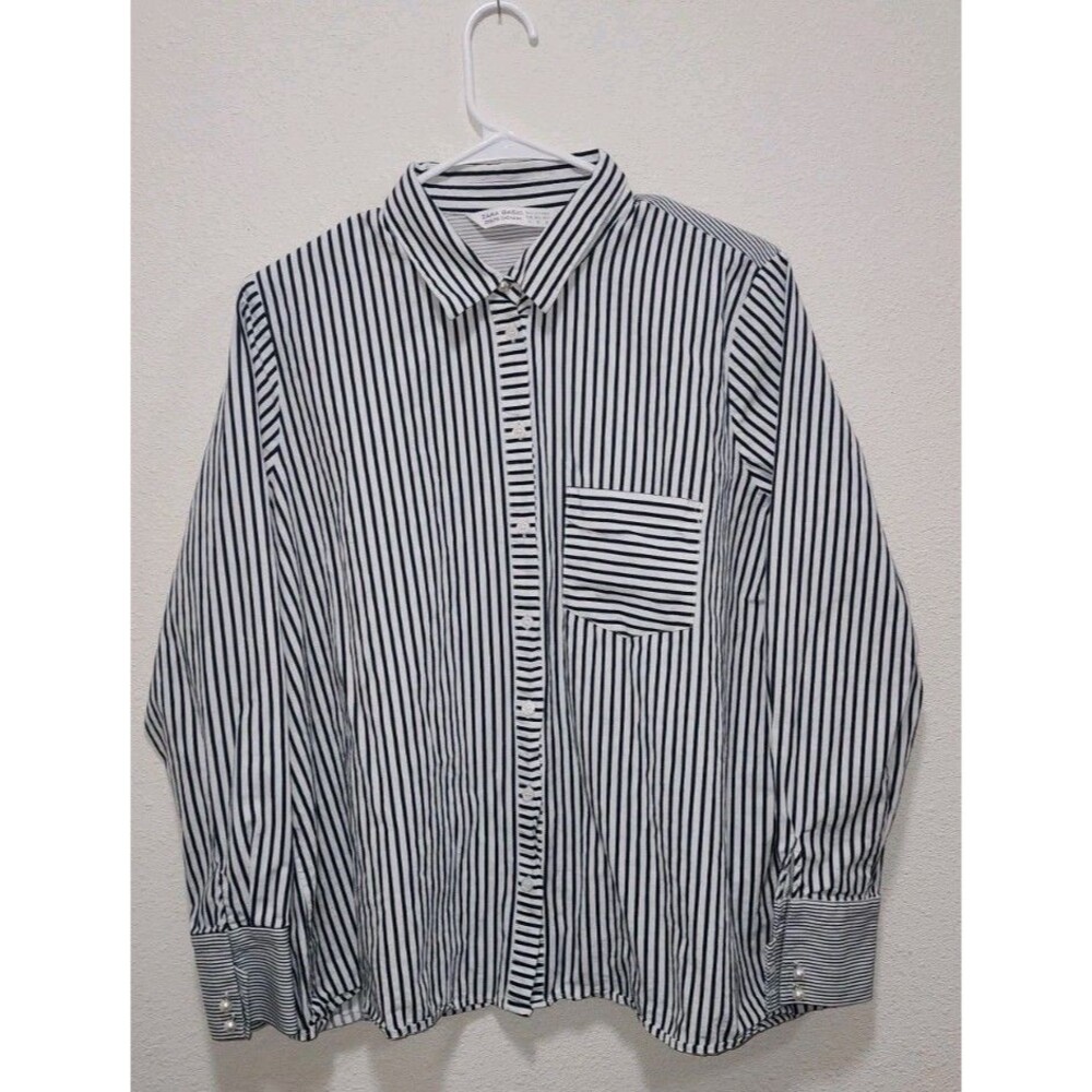 Zara Basic Button Down Womens Xl Blue Striped Lon… - image 1